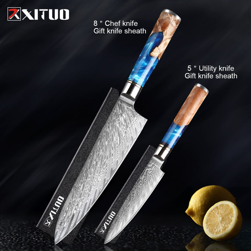 Juego de cuchillos de cocina XITUO, cuchillo de Chef de acero de Damasco, cuchillo de carnicero para pelar, cuchillo de pan, herramienta de cocina, mango de resina azul, 1-6 unids/set