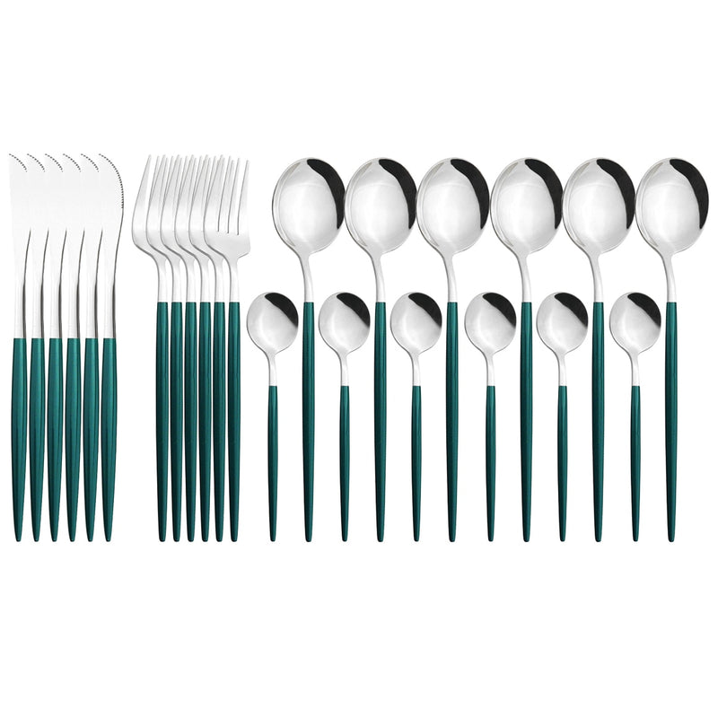 24 unids/set de vajilla de acero inoxidable, juego de cubiertos dorados, cuchillo de cena, tenedor, cuchara de café, vajilla, juegos de cubiertos de cocina