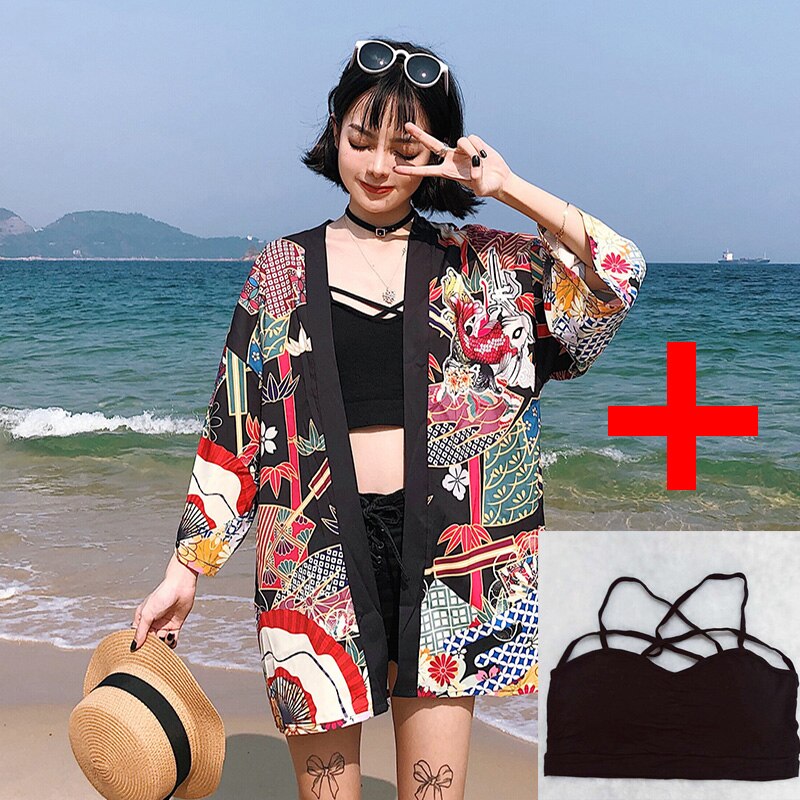 Yukata Women Kimono Cardigan Japan Kimonos Asia Clothes Summer Fish Print Shirt Top Casual Kimonos Kawaii Kimono Cosplay Costume