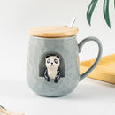 Taza de cerámica con relieve de animales bonitos de 430ml con tapa y cuchara, taza con asa para café, té de la leche, regalos novedosos