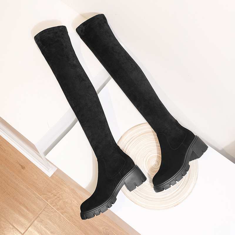 Krazing Pot Big Size Cow Leather Stretch Over-the-knee Boots Platform Round Toe High Heels Winter Women Warm Thigh High Boots