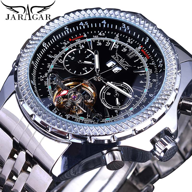 Jaragar 2017 Flying Series Golden Bezel Scale Dial Design Reloj de acero inoxidable para hombre Marca de lujo Reloj mecánico automático