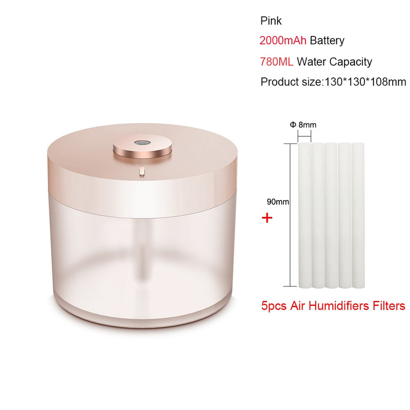 Wireless Air Humidifier Diffuser 780ML USB Portable Electric Humidifiers Rechargeable 2000mAh Battery Humidificador Mist Maker