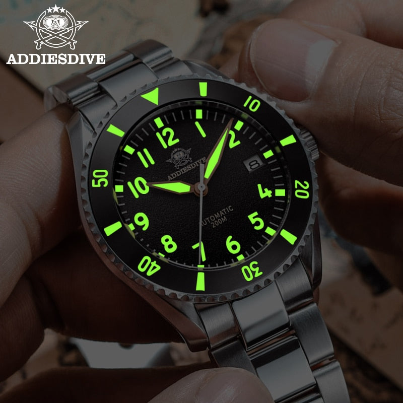 AddiesDive, reloj piloto de lujo para hombre, cristal de zafiro NH35, relojes automáticos, bisel de cerámica superluminoso, retro, reloj de buceo de 200m