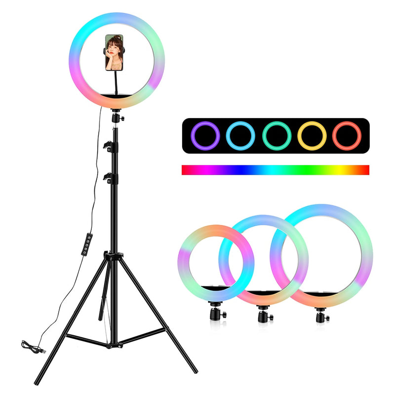 10-Zoll-Ringlicht RGB02 26 cm 33 cm 20 cm LED-Regenbogenlicht mit Stativ 1,6 m dimmbares RGB-Set für kurze Videos YouTube Live