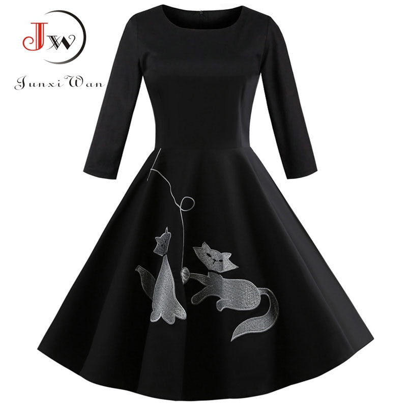 Elegant Black Embroidery Wrist Sleeve Women Dresses 2022 New Autumn Winter Casual O Neck Cotton A Line Vintage Party Vestidos