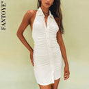 Fantoye Black Backless Halter Ruched Mini Dress Women 2021 Elegant Sleeveless Women Dress Skinny Spring Single Breasted Vestido