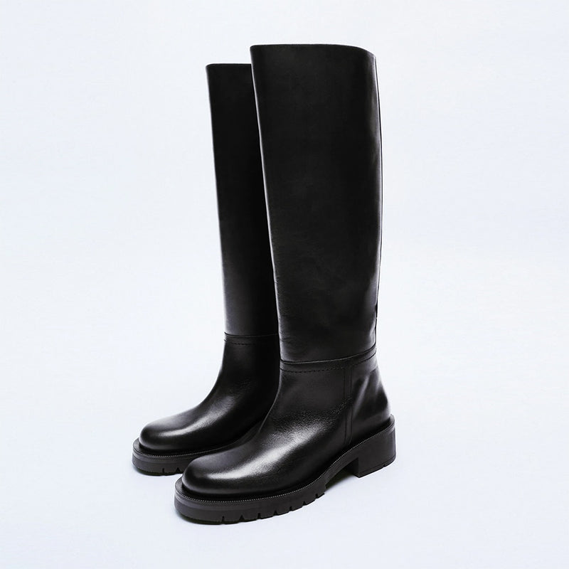 Botas QUTAA INS de moda para mujer hasta la rodilla, zapatos planos cálidos de cuero de vaca completo, botas gruesas de tacón alto para motocicleta, zapatos de mujer para mujer 34-43