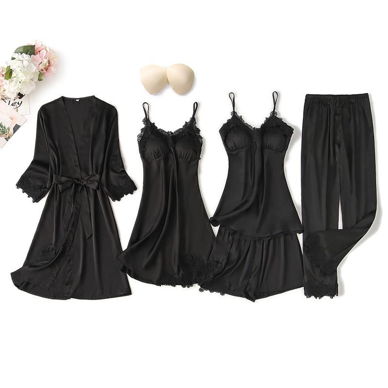 Black Sexy Women Robe Set Faux Silk Kimono Bathrobe Gown 5PCS Sleepwear Suit Hollow Out Lace Nightgown Home Wear Wedding Gift