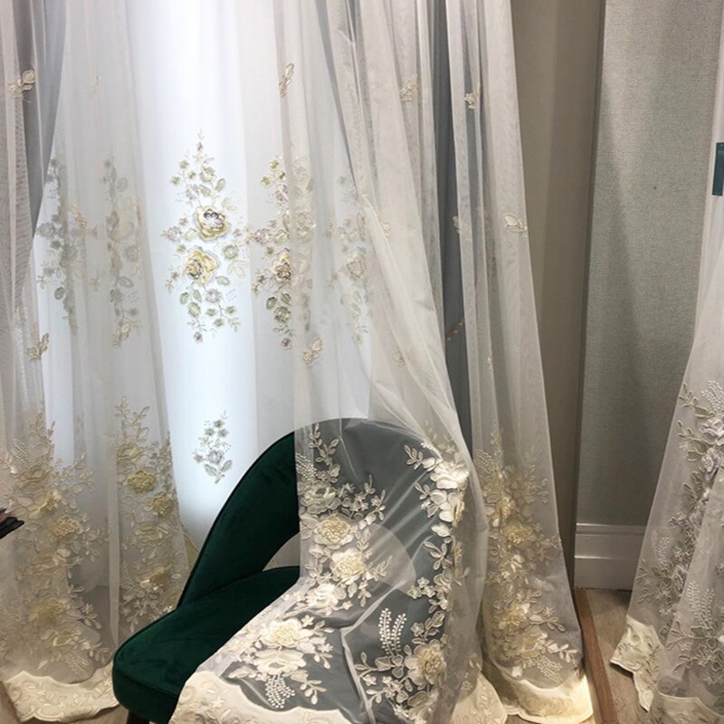 Französischer romantischer bestickter Samt-Voile-Vorhang für Wohnzimmer, Blumenmuster, zarter, transparenter Vorhang, Schlafzimmer-Jalousien S467