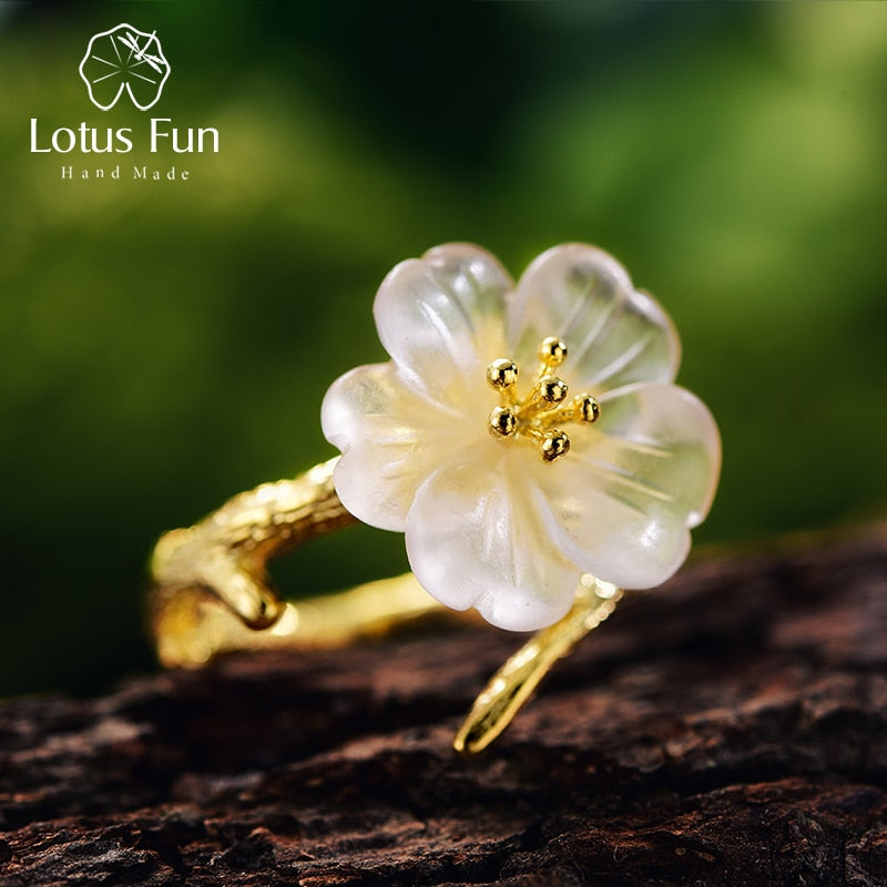 Lotus Fun Real 925 Sterling Silber Natürliche Edelsteine ​​Edler Schmuck Süße Blume im Regen Ring Offene Ringe für Damen Accessoires