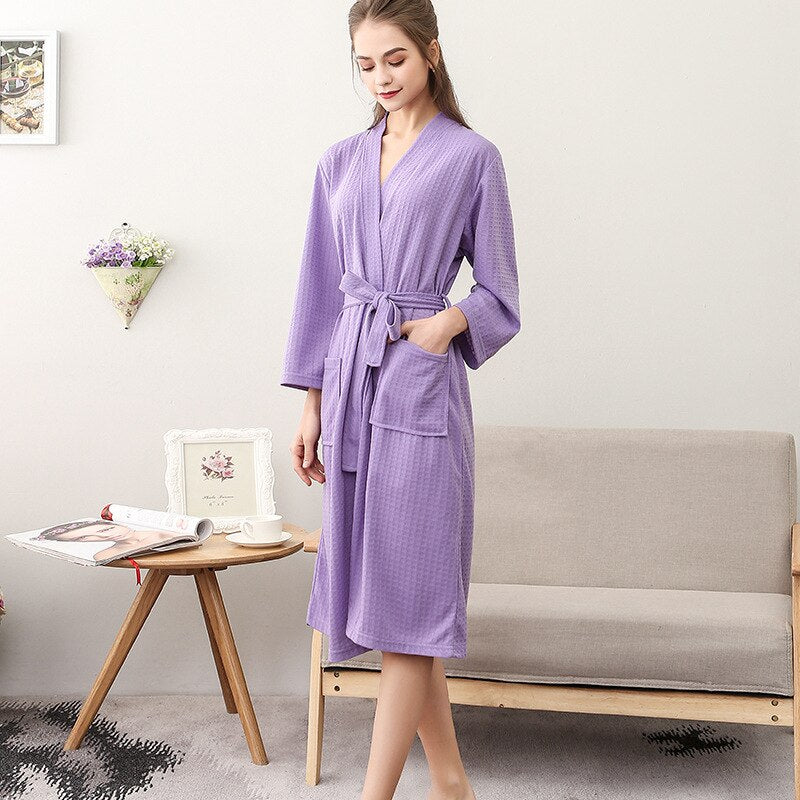 Frauen Sommer 2021 Langer Weicher Bademantel Pyjama Kimono Solide Waffel Bademantel Mit Schärpen Morgenmantel Nachtwäsche Weibliche Homewear