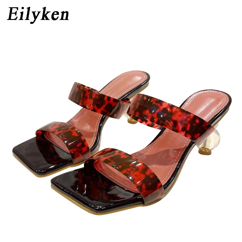 Eilyken 2023 nuevas zapatillas de verano con punta cuadrada para mujer PVC transparente cristal estilo extraño tacón transparente mujeres leopardo grano diapositivas