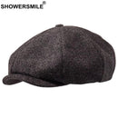 SHOWERSMILE marca lana Newsboy gorras hombres gris espiga gorras planas mujeres café británico Gatsby gorra Otoño Invierno sombreros de lana