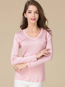 SuyaDream Damen T-Shirt Naturseide Lange Ärmel V-Ausschnitt Solides Basic Shirt Rosa Blau Lila Bottoming Top