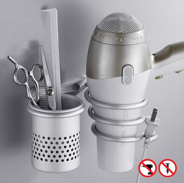 Hair Dryer Holder With Cup Households Wall Mount Bathroom Accessories Hair Dryer Shelf Metal Black Hair Dryer Rack EL190