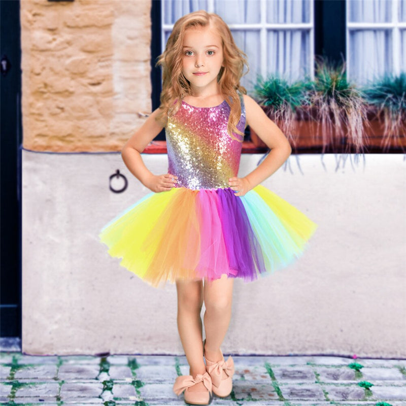 Regenbogen Pailletten Tutu Kleid für Kinder Mode Rückenfreies Ärmelloses Tüll Kleid Mädchen Kleidung Bunte Kinder Mädchen Partykleid 2-8