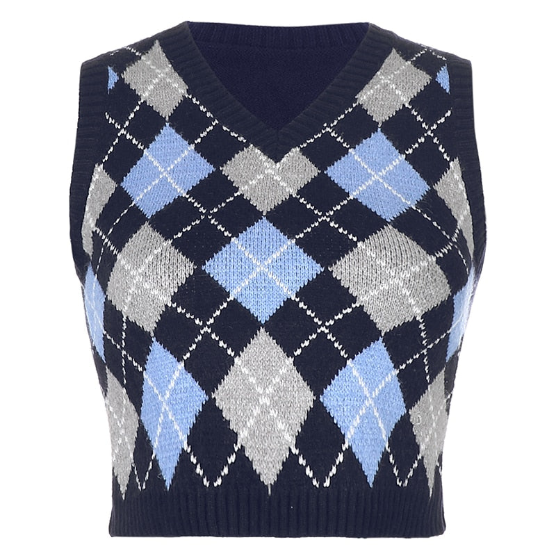 Sweetown Argyle Plaid Strick Tank Top Damen Strickwaren Adrette Kleidung V-Ausschnitt Lässige Crop Pullover Weste 90er Streetwear