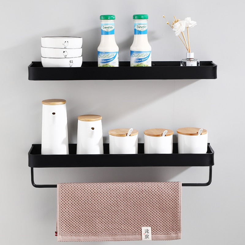 Bathroom Shelf Black with Towel Bar Space Aluminum Bathroom Shelves Shampoo Holder Shower Caddy Rack Corner Kitchen Storage Rack