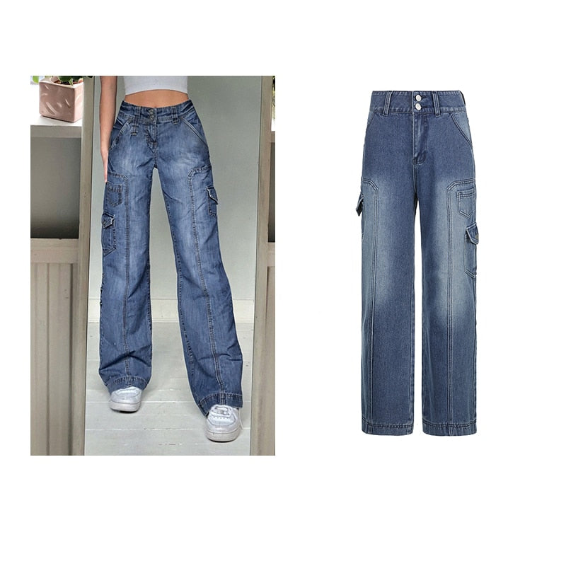 Rapcopter y2k Jeans Retro Schärpen Jeanshose Geraffte Kordelzug Cargohose Damen Große Taschen Hose Damen Streetwear Jeans 90er Jahre