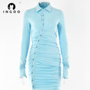 INGOO Plissee Slim Umlegekragen Hemdkleid Damen Casual Langarm Button Up Minikleider Bodycon Solid Elegant Streetwear