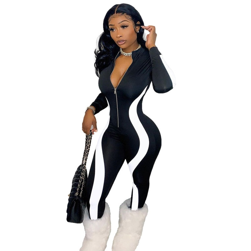 Fitness Sportwear Strampler Damen Casual Stripe Patchwork Langarm Reißverschlüsse V-Ausschnitt Workout Jumpsuit Outfit One Piece Overalls