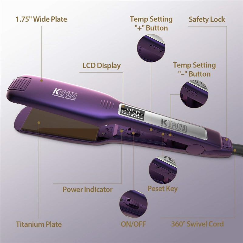 KIPOZI Professional Titanium Flat Iron Hair Straightener with Digital LCD Display Dual Voltage Instant Heating Curling Iron