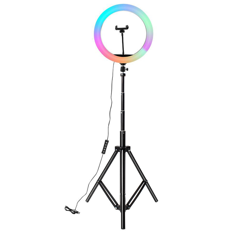 Anillo de luz RGB02 de 10 pulgadas, 26cm, 33cm, 20cm, luz LED arcoíris con soporte para trípode, juego RGB regulable de 1,6 M para vídeo corto, YouTube en vivo