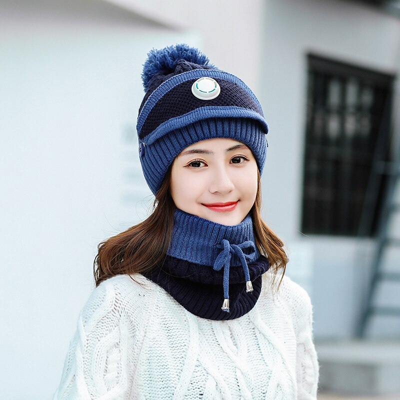 3 Pcs/set Winter Hats For Women With Breathing Mask 2in1 Knitted Hat Girl Pompoms Hat Warm Add Fur Lined Protective Winter Hat