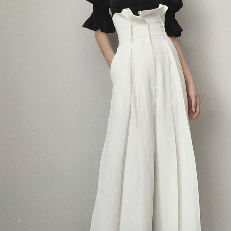 GALCAUR White Full Length Trousers For Women High Waist Loose Plus Size Pleated Ruffles Wide Leg Pants Female 2020 New Clothing