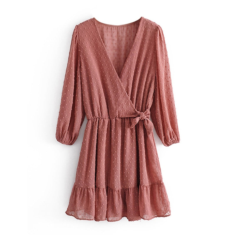 Aachoae 2021 Summer Women Ruffles Lace Chiffon Dress Boho Mini Beach Dress Three Quarter Sleeve Ladies Party Dresses Vestido