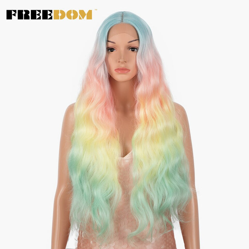 FREEDOM Synthetische Spitzeperücken Lange Natürliche Welle 30 Zoll Omber Blue Rainbow Color Pink Hair Perücken Hitzebeständige Faser Cosplay Perücken