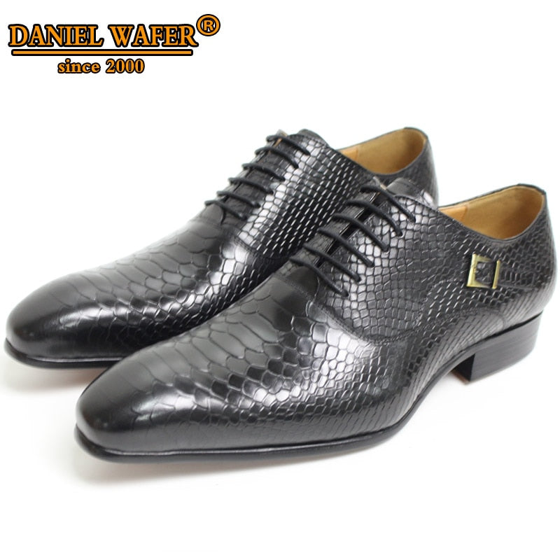 Zapatos Oxford de lujo para hombre, zapatos de cuero con estampado de piel de serpiente, zapatos de vestir de estilo clásico, zapatos formales de punta estrecha con cordones negros para café para hombre