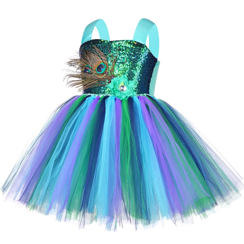 Flower Feathers Girls Peacock Tutu Dress Kids Tulle Princess Peacock Costume for Girls Pageant Halloween Birthday Party Gown