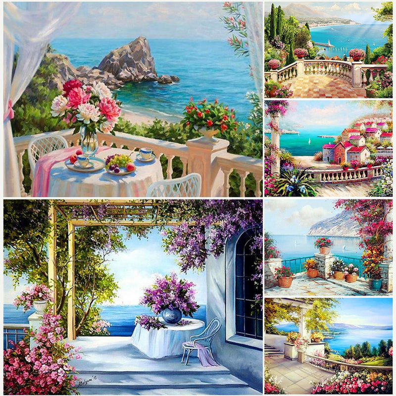 5D DIY Diamond Painting Vollquadrat Landschaft Kreuzstich-Set Diamantstickerei Blume Meer Mosaik Bild von Strass-Dekor