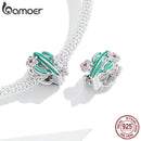 bamoer 2020 New Design 925 Sterling Silver Green Enamel Cactus with Floral Beads Charm for Original Silver Bracelet BSC261