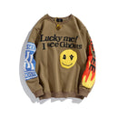Harajuku Retro Smiley Flame Print Rundhals Sweatshirts Männer und Frauen Plus Samt Streetwear Fleece Hoodie Pullover