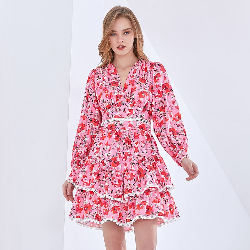 TWOTWINSTYLE Print Floral Hit Farbe Kleid für Frauen V-Ausschnitt Langarm Minikleider weibliche Mode neue Kleidung 2021 Spring Tide