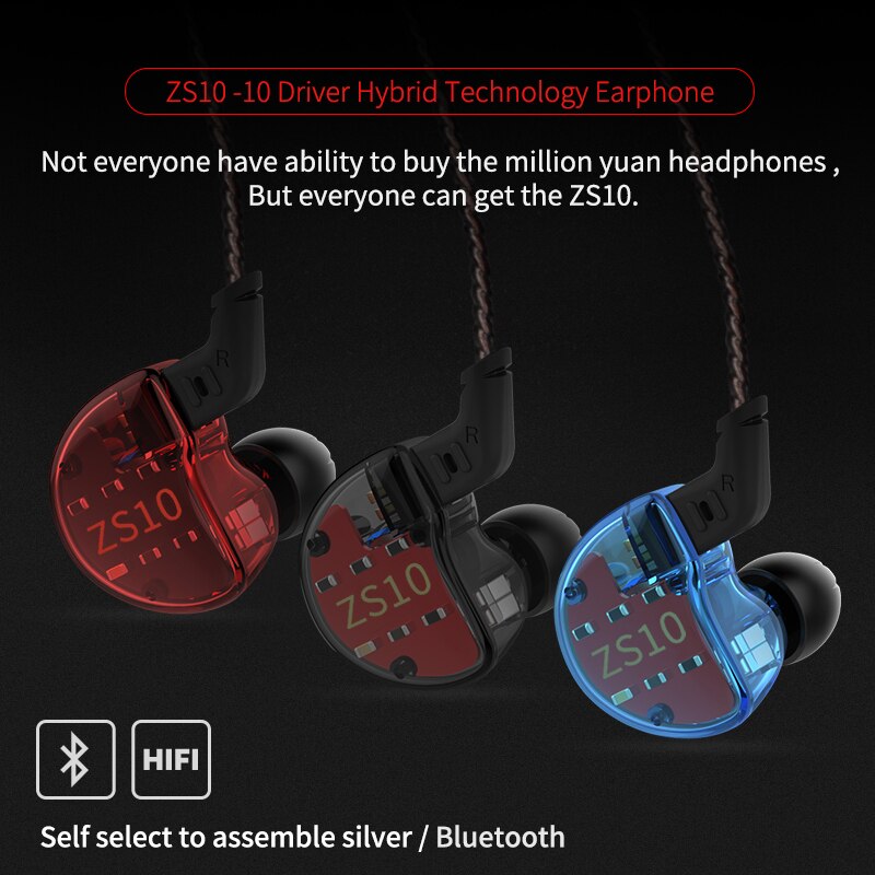 KZ ZS10 Kopfhörer 10 Treiber Ohrhörer 4BA+1DD Dynamische Hybrid-Ohrhörer HiFi-Bass-Sport-Headset Geräuschunterdrückung in Ohrmonitoren