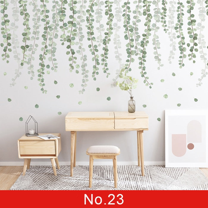 24 estilos Serie de plantas Pegatinas de pared para sala de estar Dormitorio Hojas verdes Calcomanías de pared extraíbles Vinilo DIY Murales ecológicos
