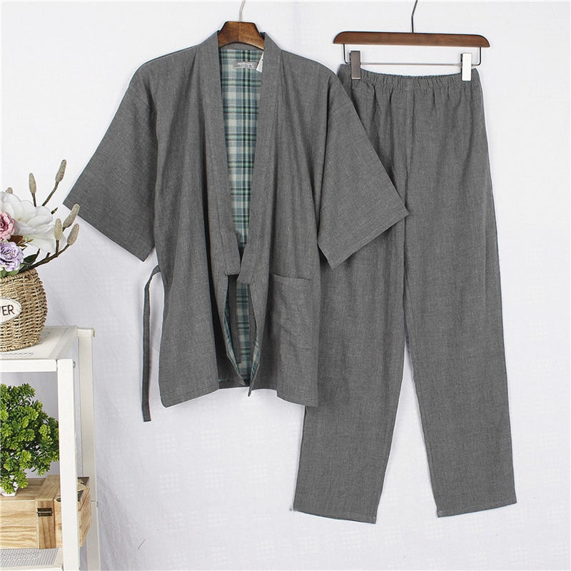 Kimono japonés de algodón, ropa de dormir para hombres samurái, camisetas Haori + Pantalones, conjunto de ropa, pijama Yukata tradicional, camisón Jinbei