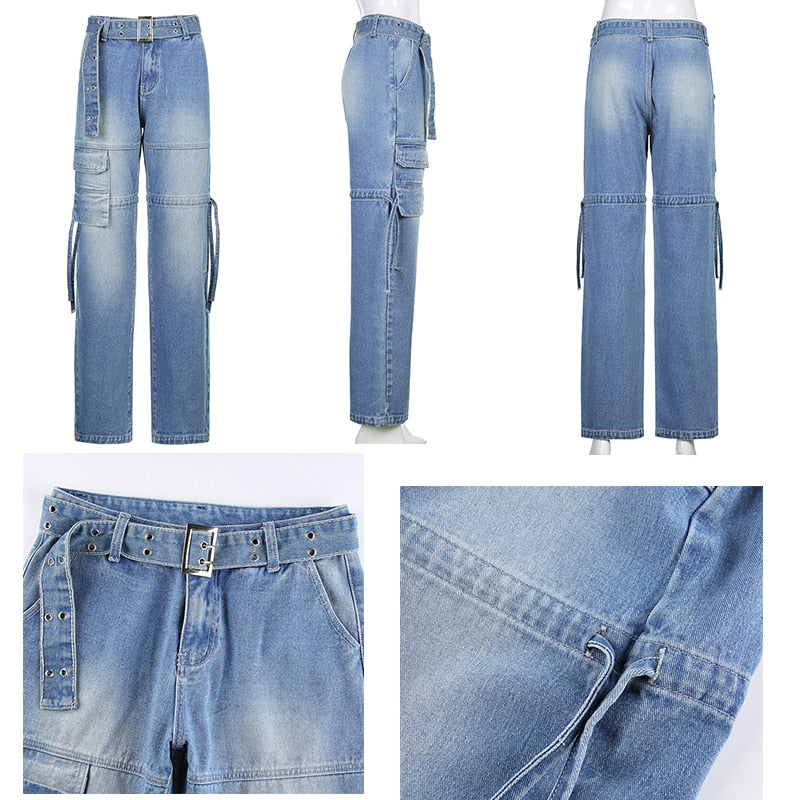 Rapcopter y2k Jeans Retro Schärpen Jeanshose Geraffte Kordelzug Cargohose Damen Große Taschen Hose Damen Streetwear Jeans 90er Jahre