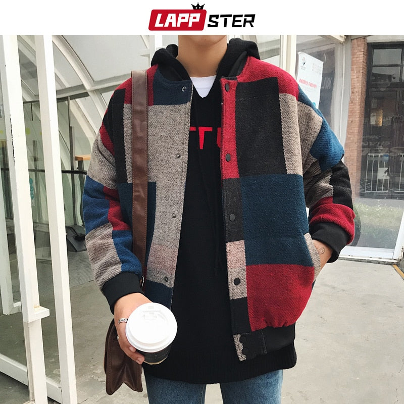 LAPPSTER Herbst Männer Harajuku Plaid Bomberjacken 2022 Mens Japanese Streetwear Windbreaker Korean Fashions Baseball Jacken