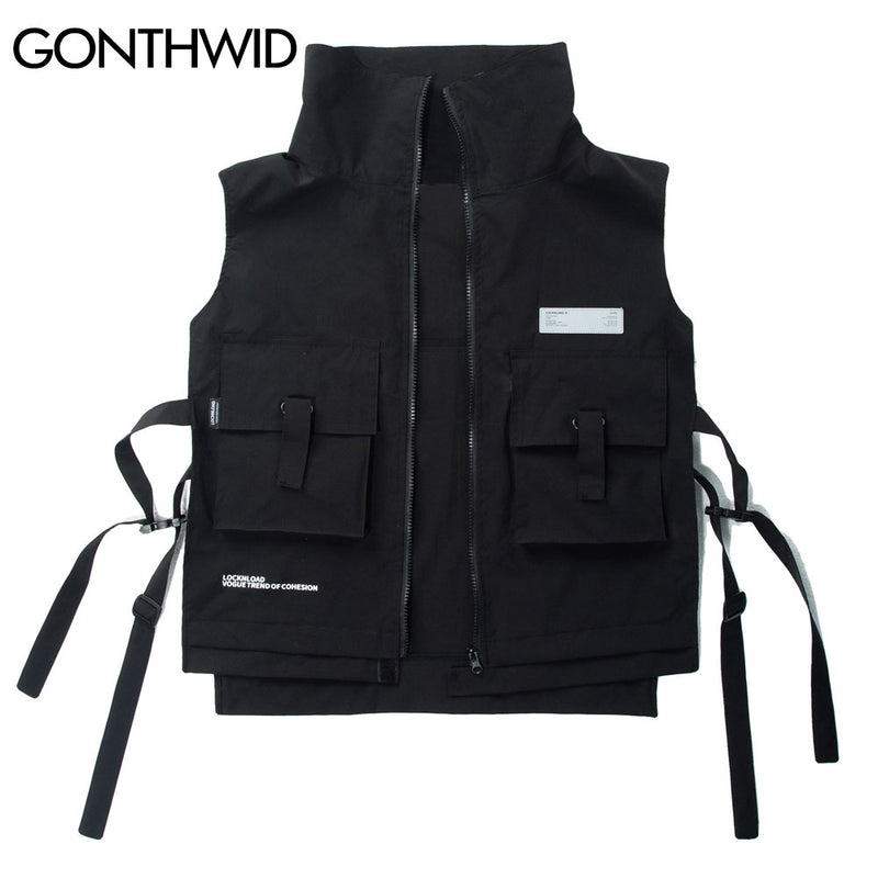 GONTHWID Multi Zipper Pockets Cargo Waistcoat Tooling Vest Streetwear Men Fashion Side Ribbon Buckle Zip Sleeveless Jackets Tops