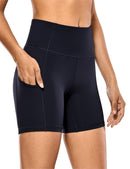 SYROKAN Atmungsaktive Luxus-Nacktgefühl-Sportshorts für Damen, hohe Taille, Bauchkontrolle, Shorts mit Seitentaschen, 15,2 cm