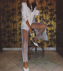 DIRTYLILY Kristall-Diamant-glänzende Frauen-Hosen-Sommer-neue Art und Weise aushöhlen Fischnetz-Hose mit weitem Bein Sexy durchsichtige Strandhose