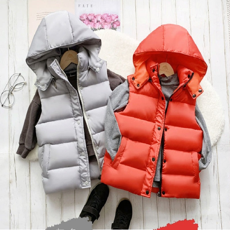 3-12Y Winter Warm Sleeveless Jacket For Children Jacket Thicken Hooded Vest For Boys Girls Kids Waistcoat Coat Insulated Vest