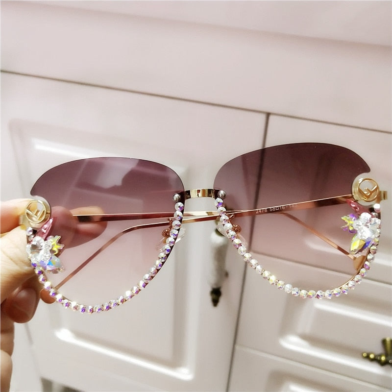 Fashion sunglasses women Vintage designer crsytal sun glasses rimiless cat eye sunglasses ladeis F letter eyeglasses