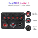 Boat Switch Panel Car Switch Panel Waterproof Digital Voltmeter Dual USB Port 12V Outlet Combination Marine LED Rocker 5 Gang