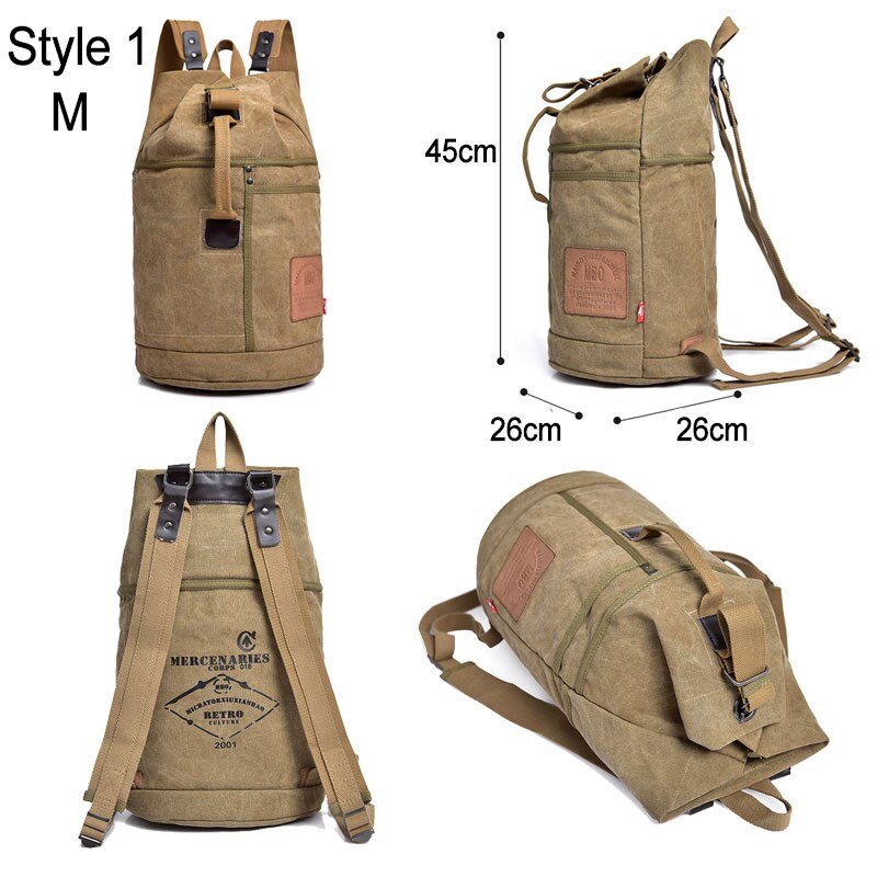 Male Tactical Bucket Canvas Backpack Letter Printing Large Capacity Military Army Bags Outdoor Travel Climbing Round Bag XA678WD